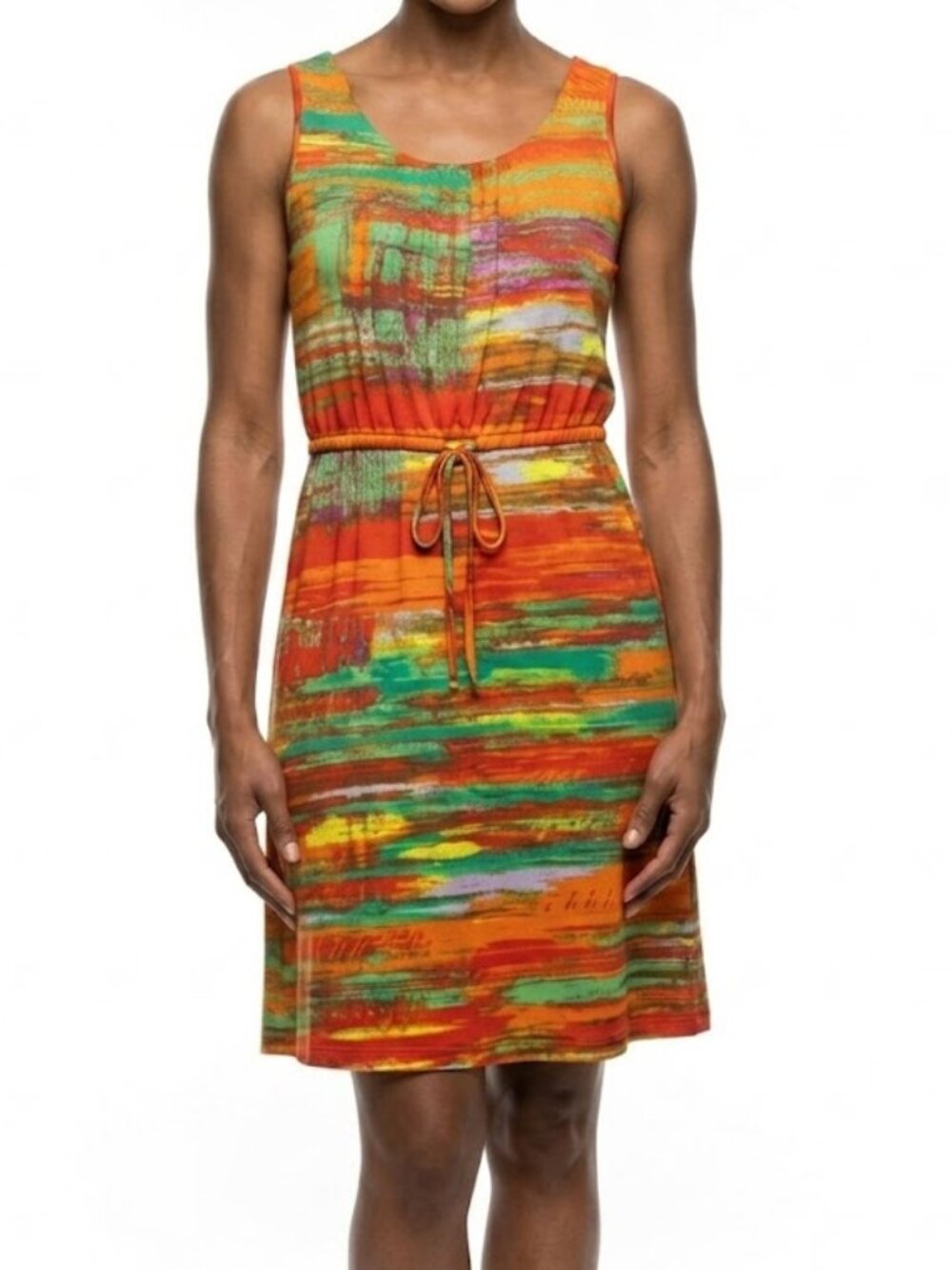 Nina Leonard Lennie Abstract Art Pop Midi Dress Orange Green Brushstroke Med